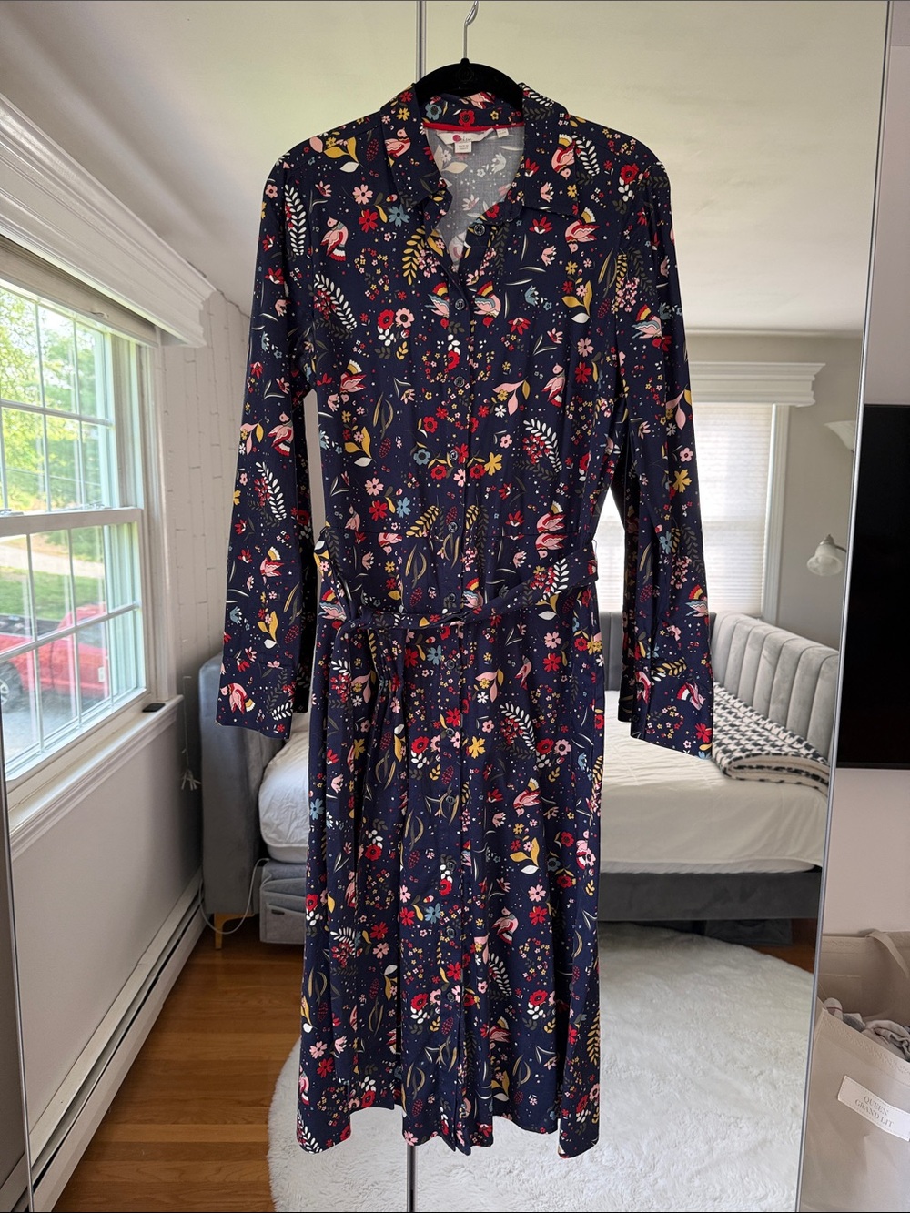 Boden Isodora Midi Long Sleeve Shirt Dress Navy Floral Birds Folk 8
